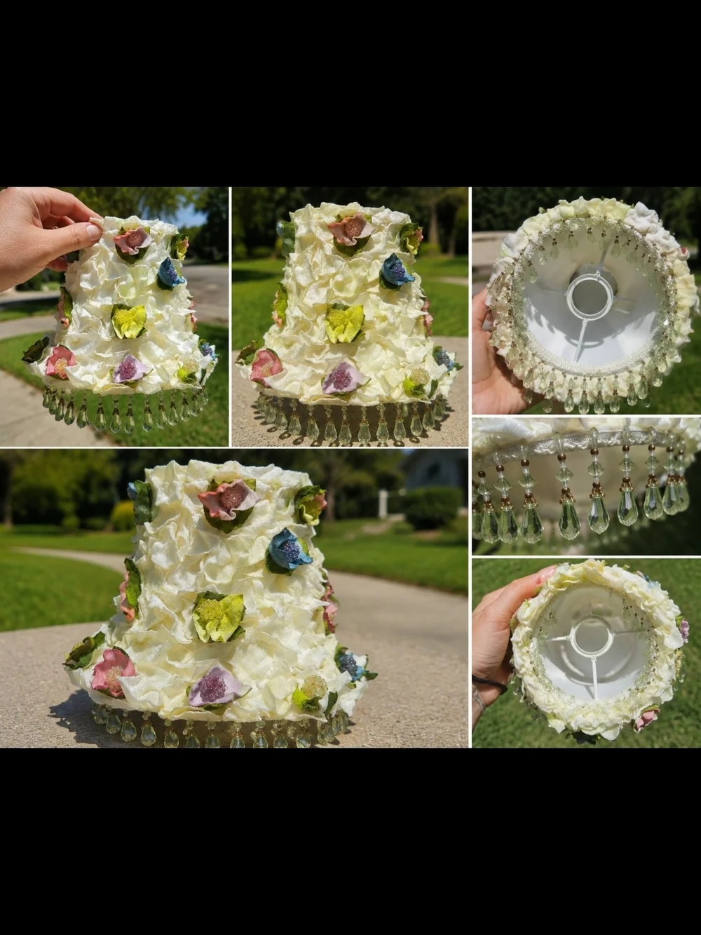 Ivory Floral Petal Lamp Shade with Beaded Fringe